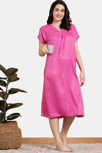 Buy Zivame Checkered Sheen Woven Mid Length Nightdress - Pink Yarrow